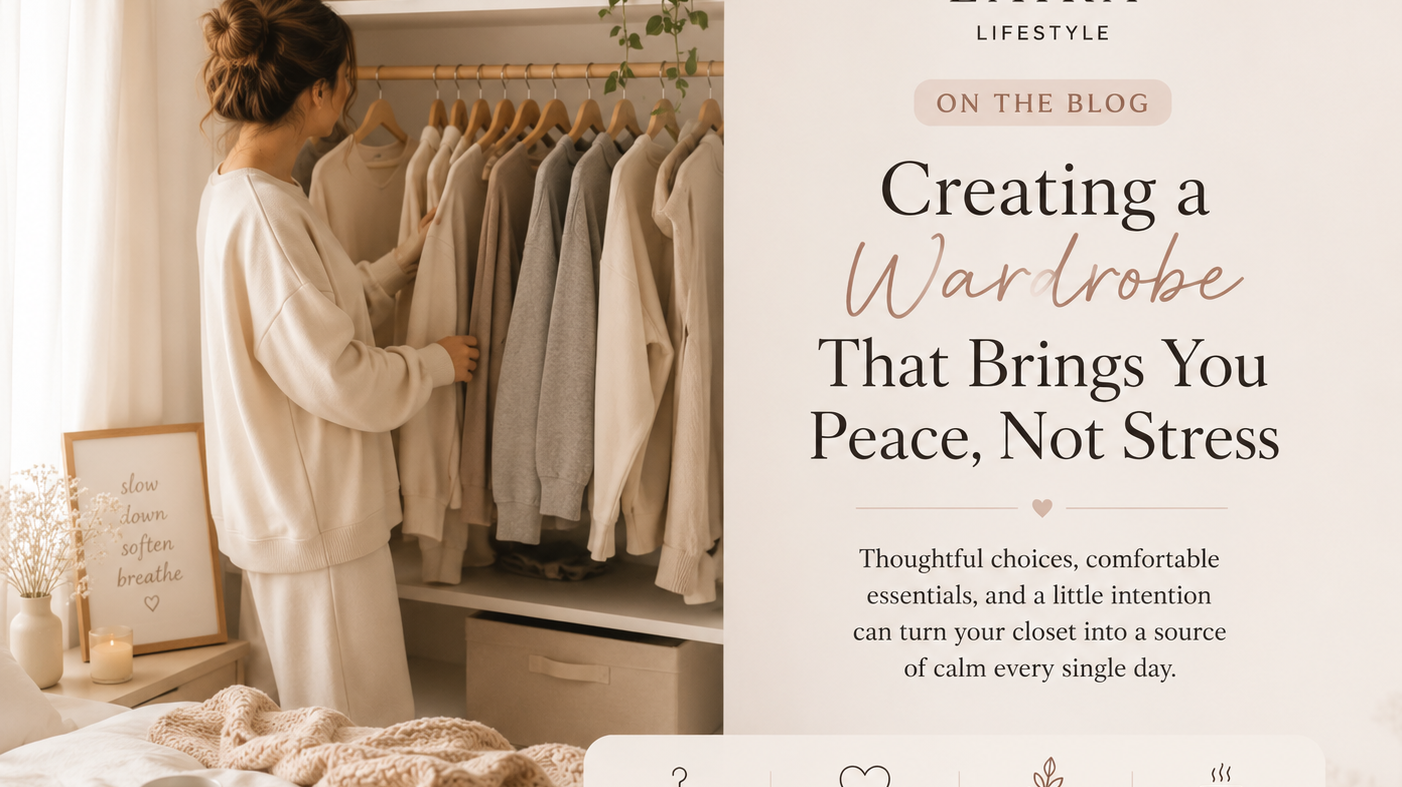 Woman organizing a minimalist wardrobe with neutral clothing essentials, representing intentional fashion, everyday comfort, and stress-free style