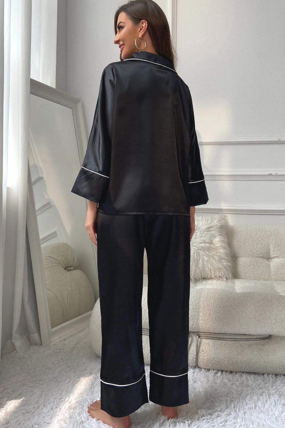 Contrast Piping Button-Up Top and Pants Pajama Set - Eaira