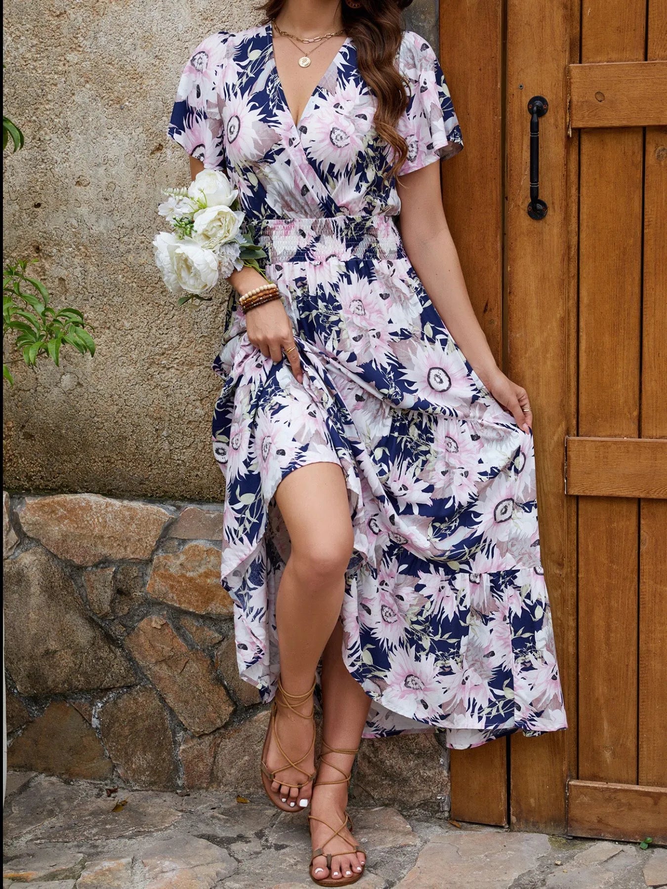 Floral Print Surplice Midi Dress - Eaira