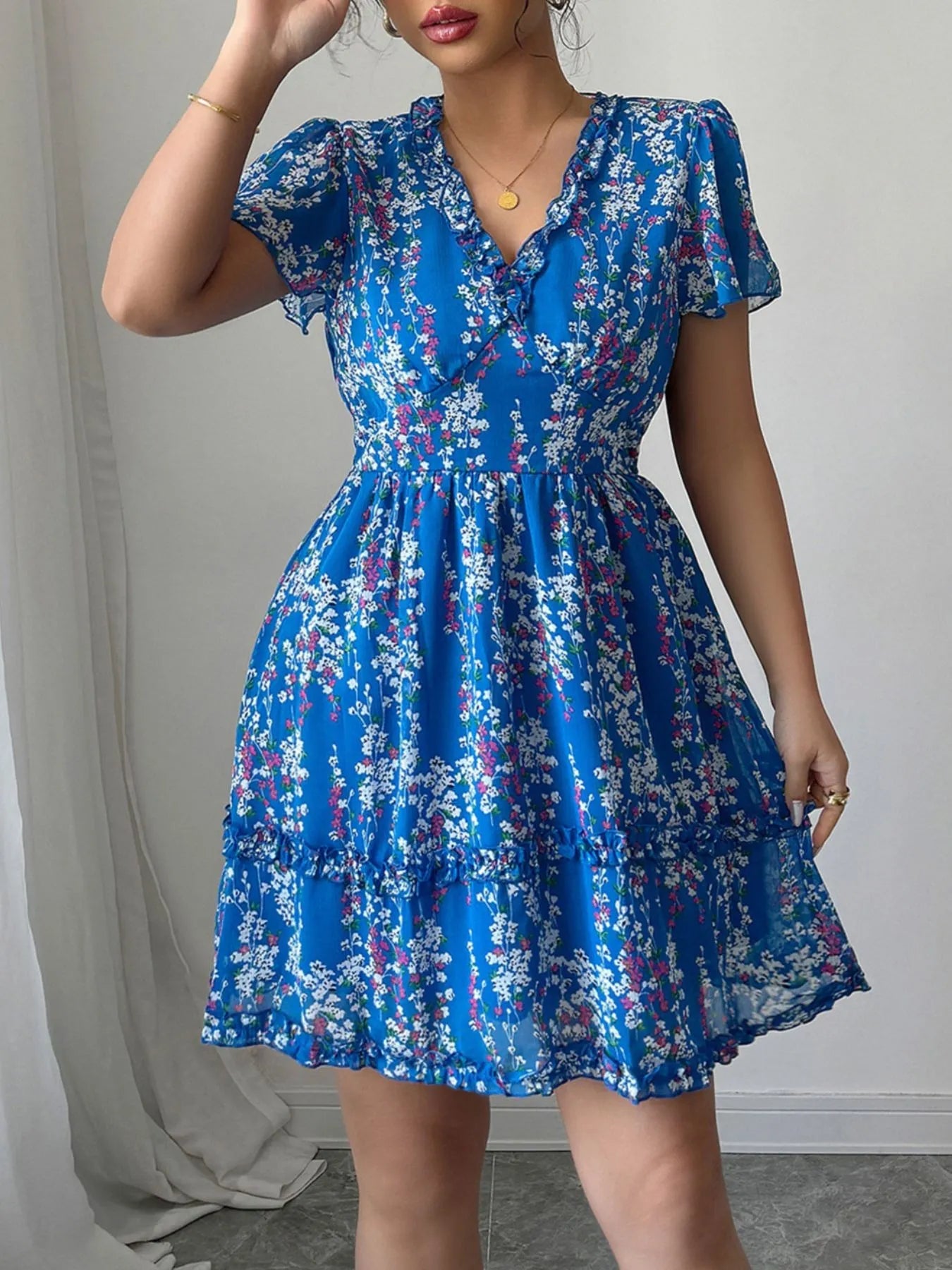 Floral Wrap Dress with Flutter Sleeves - Eaira