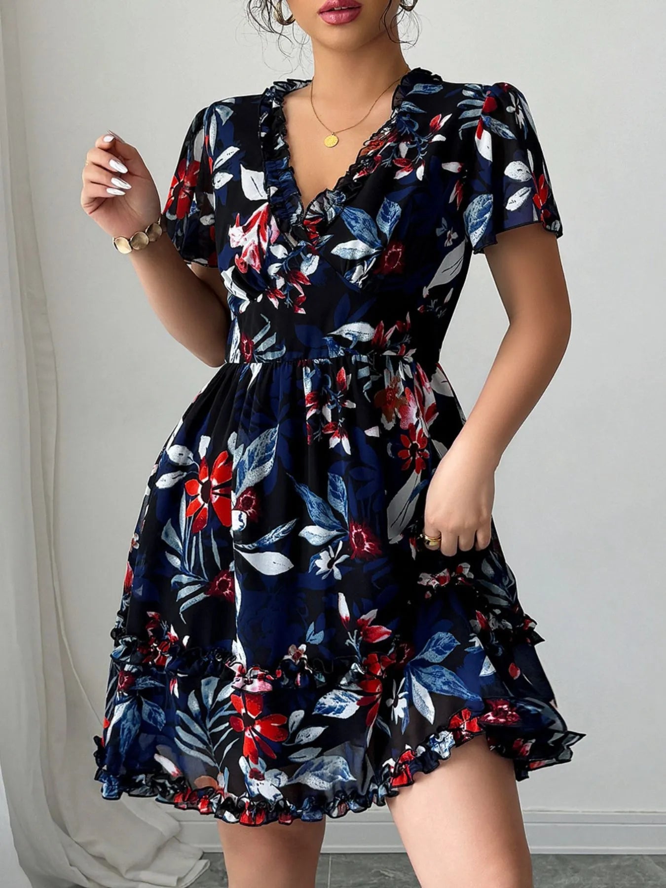 Floral Wrap Dress with Flutter Sleeves - Eaira