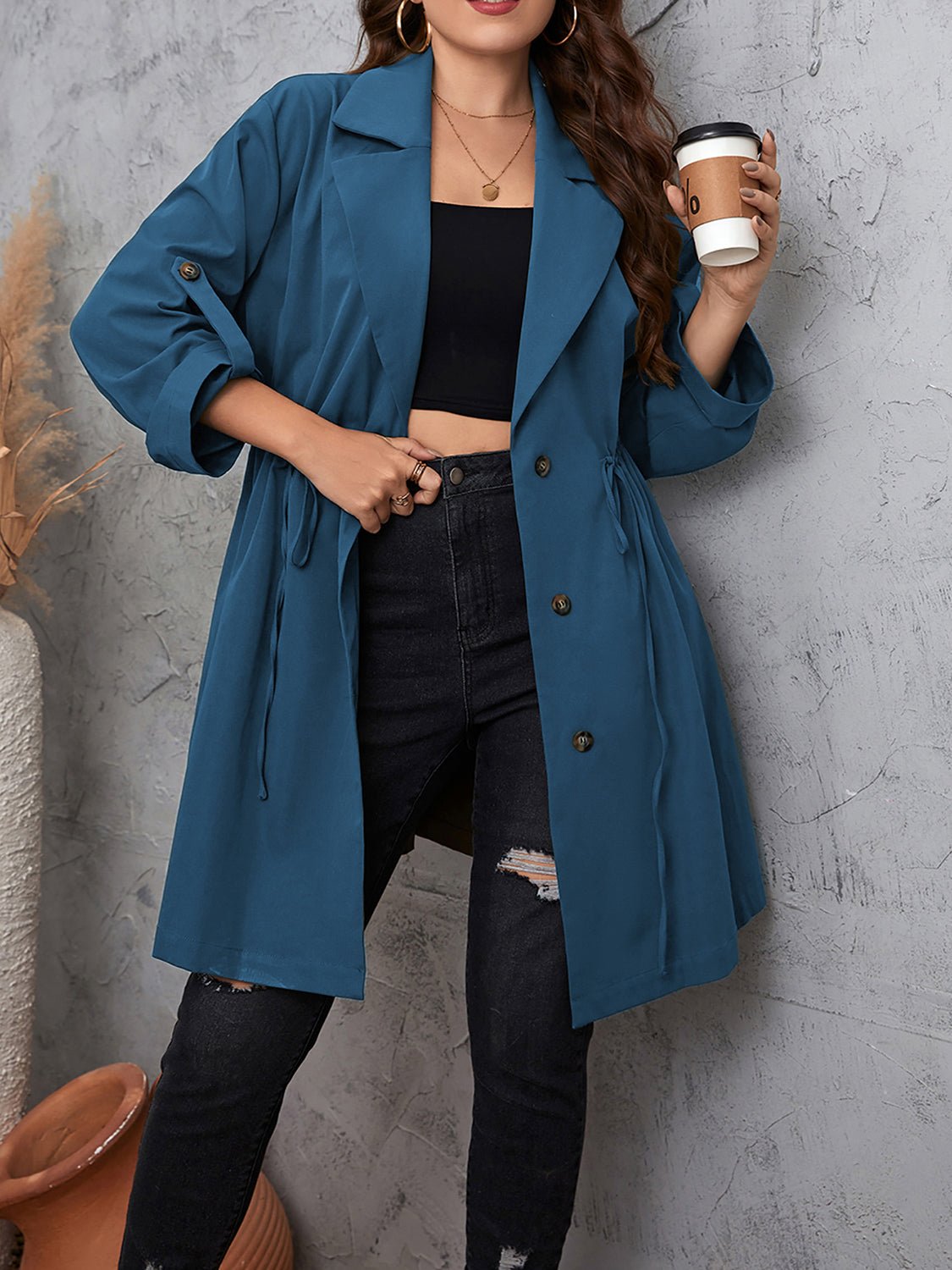 Honey Plus Size Lapel Collar Drawstring Roll-Tab Sleeve Trench Coat - Eaira