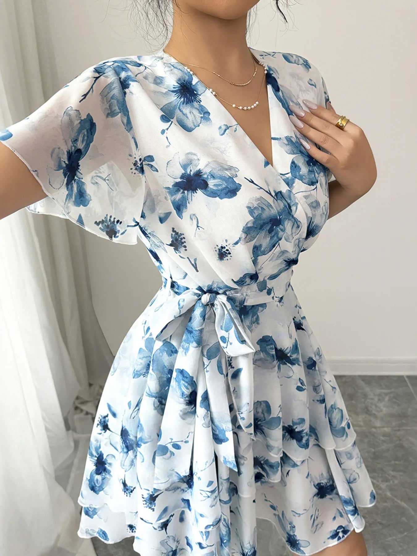 Printed Surplice Layered Mini Dress - Eaira
