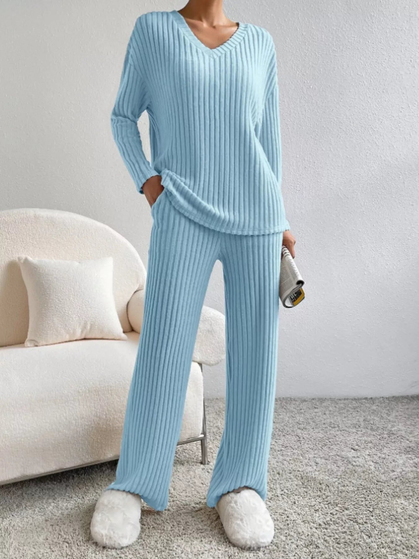 Ribbed Knit Long Sleeve Top and Pants Set - Eaira