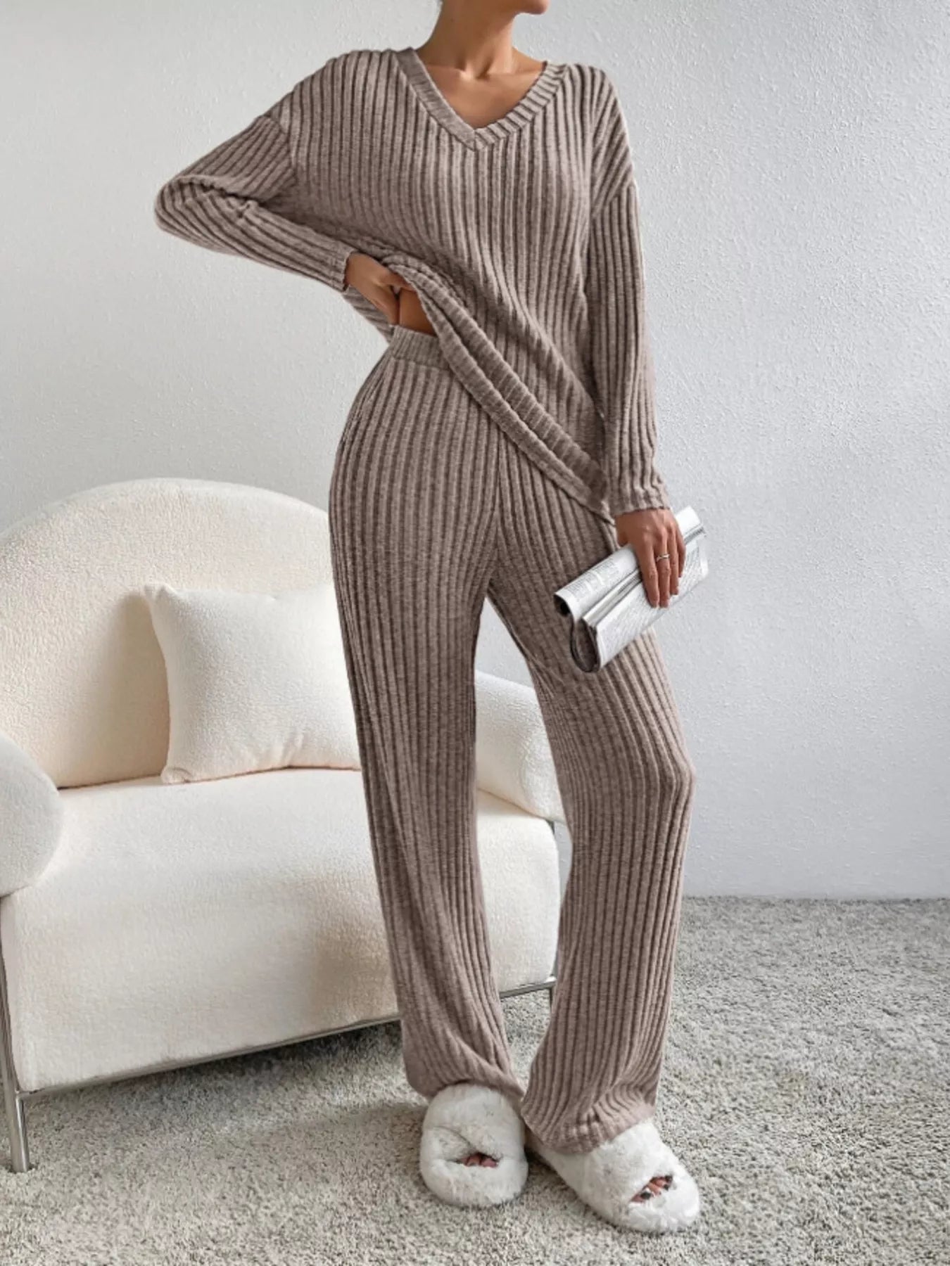 Ribbed Knit Long Sleeve Top and Pants Set - Eaira