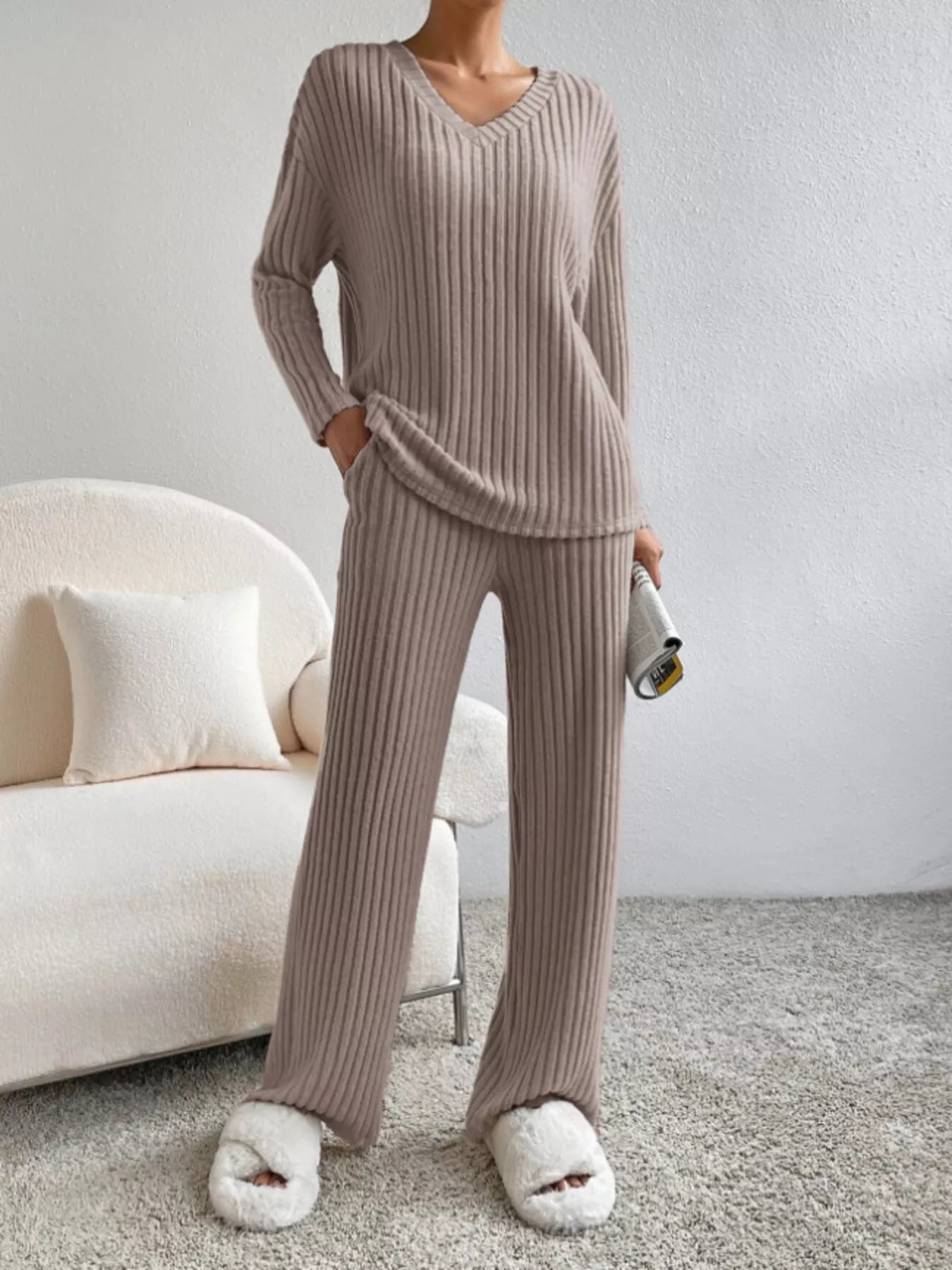 Ribbed Knit Long Sleeve Top and Pants Set - Eaira