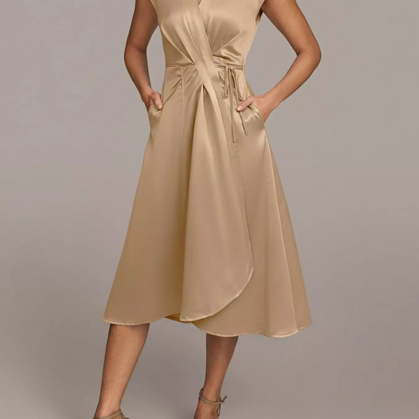 Satin Wrap Midi Dress with Pockets - Eaira