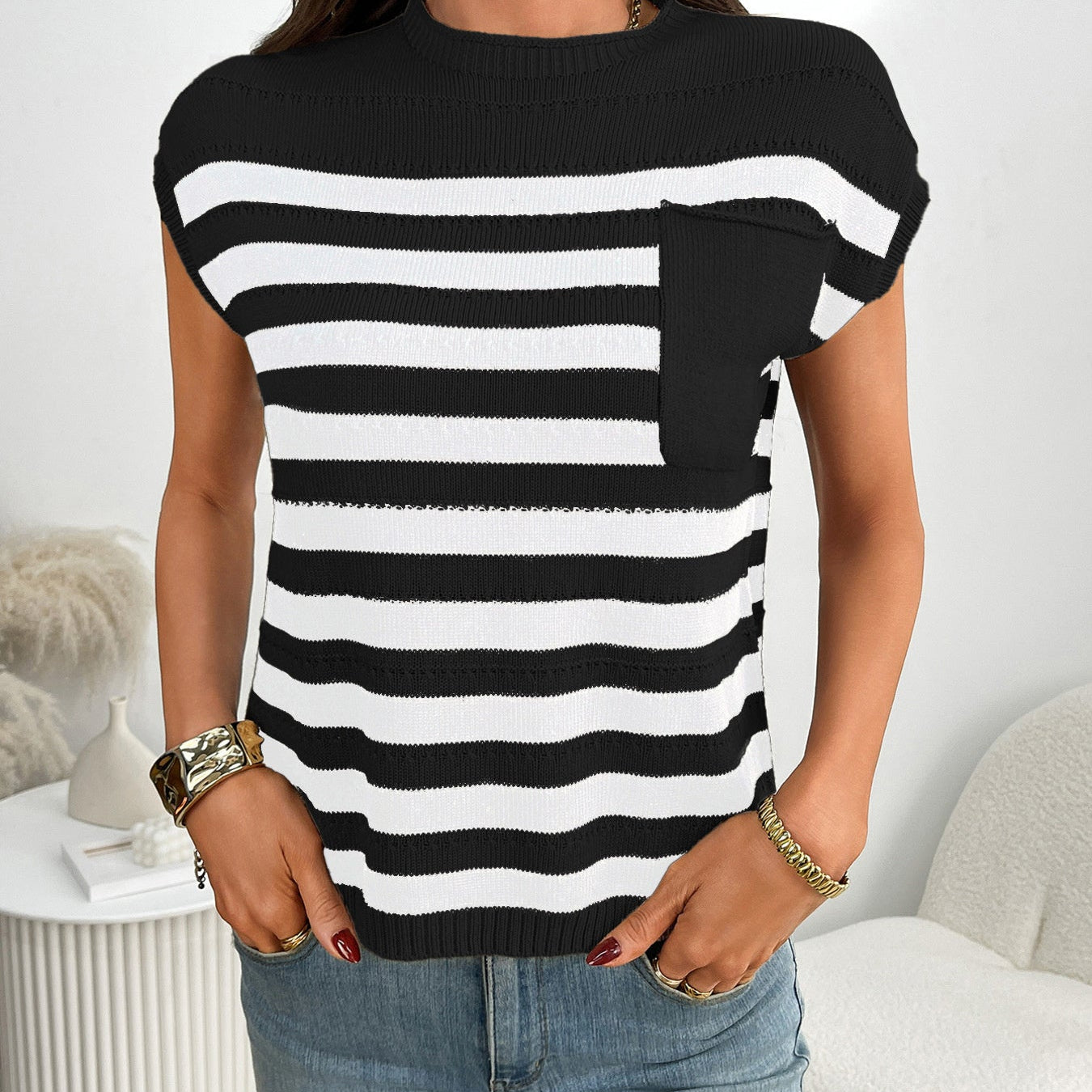 Striped Knit Pocket Detail Cap Sleeve Sweater - Eaira