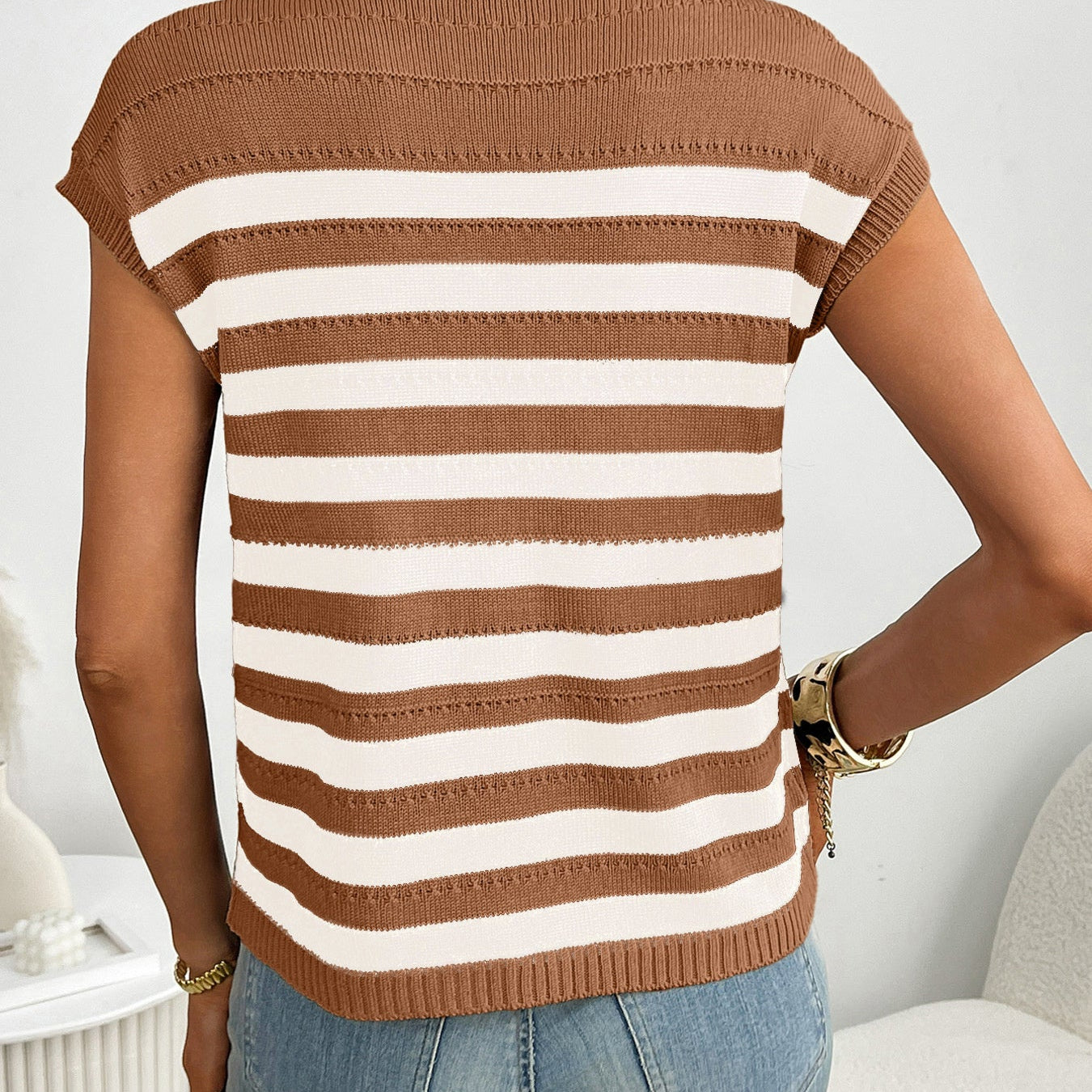 Striped Knit Pocket Detail Cap Sleeve Sweater - Eaira
