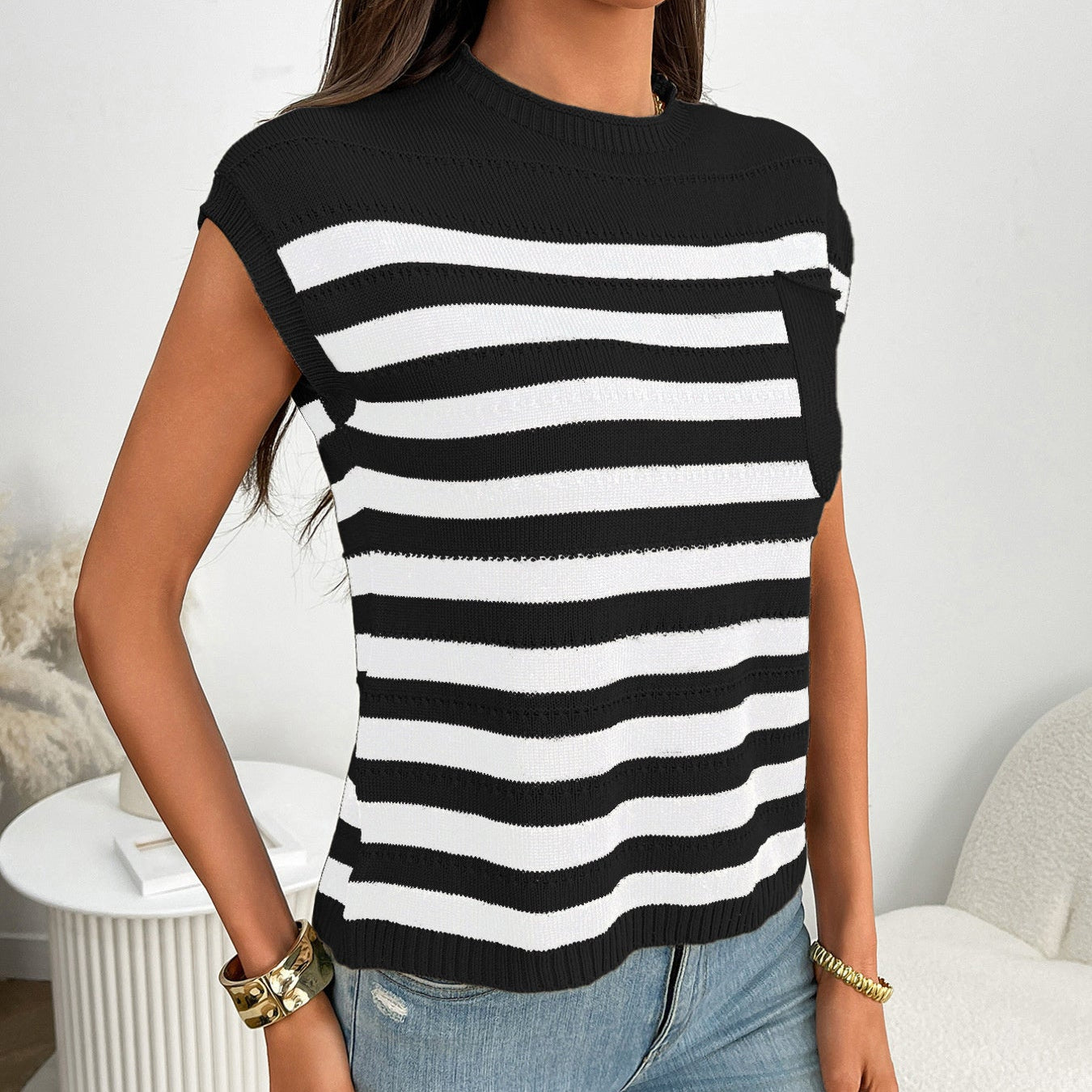 Striped Knit Pocket Detail Cap Sleeve Sweater - Eaira