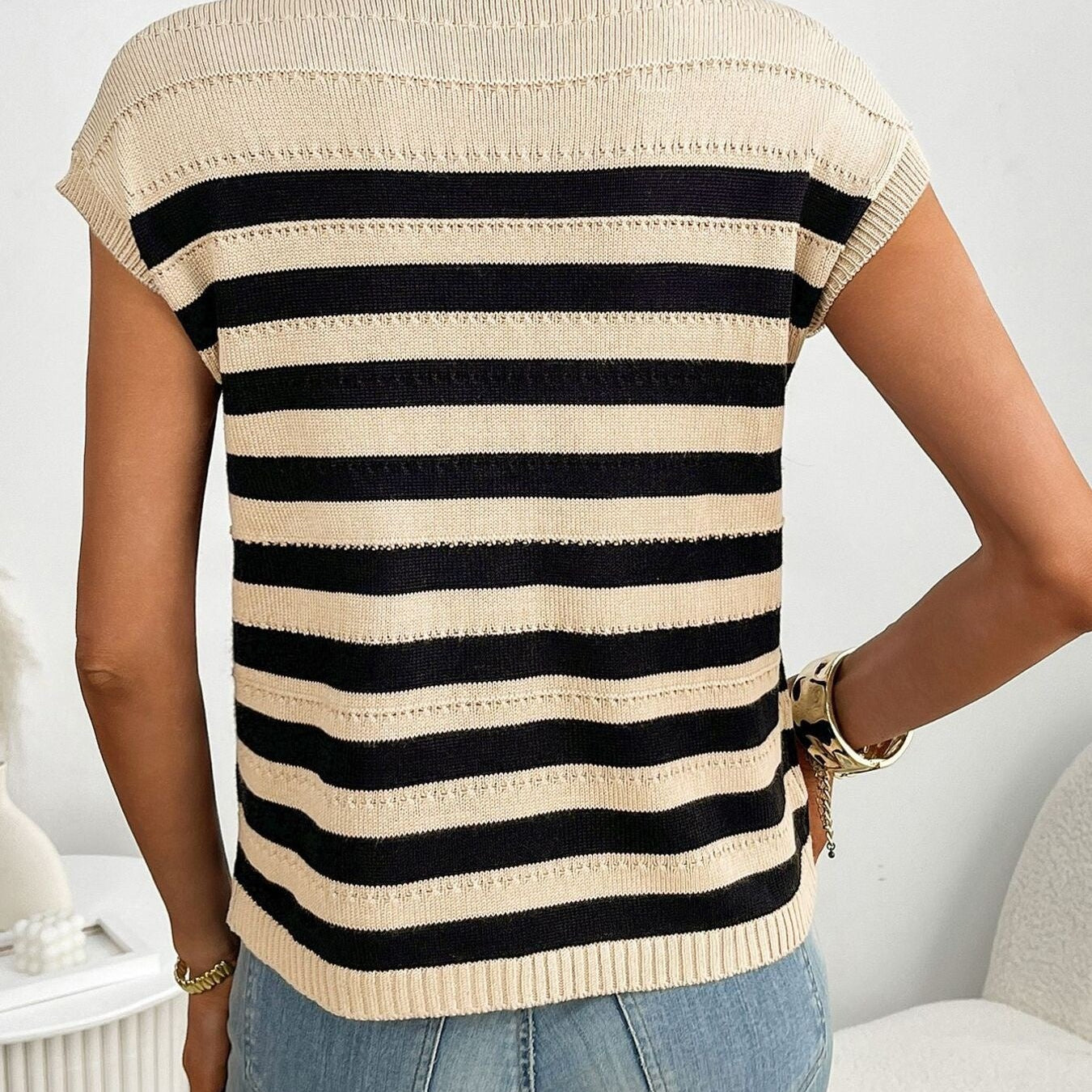Striped Knit Pocket Detail Cap Sleeve Sweater - Eaira