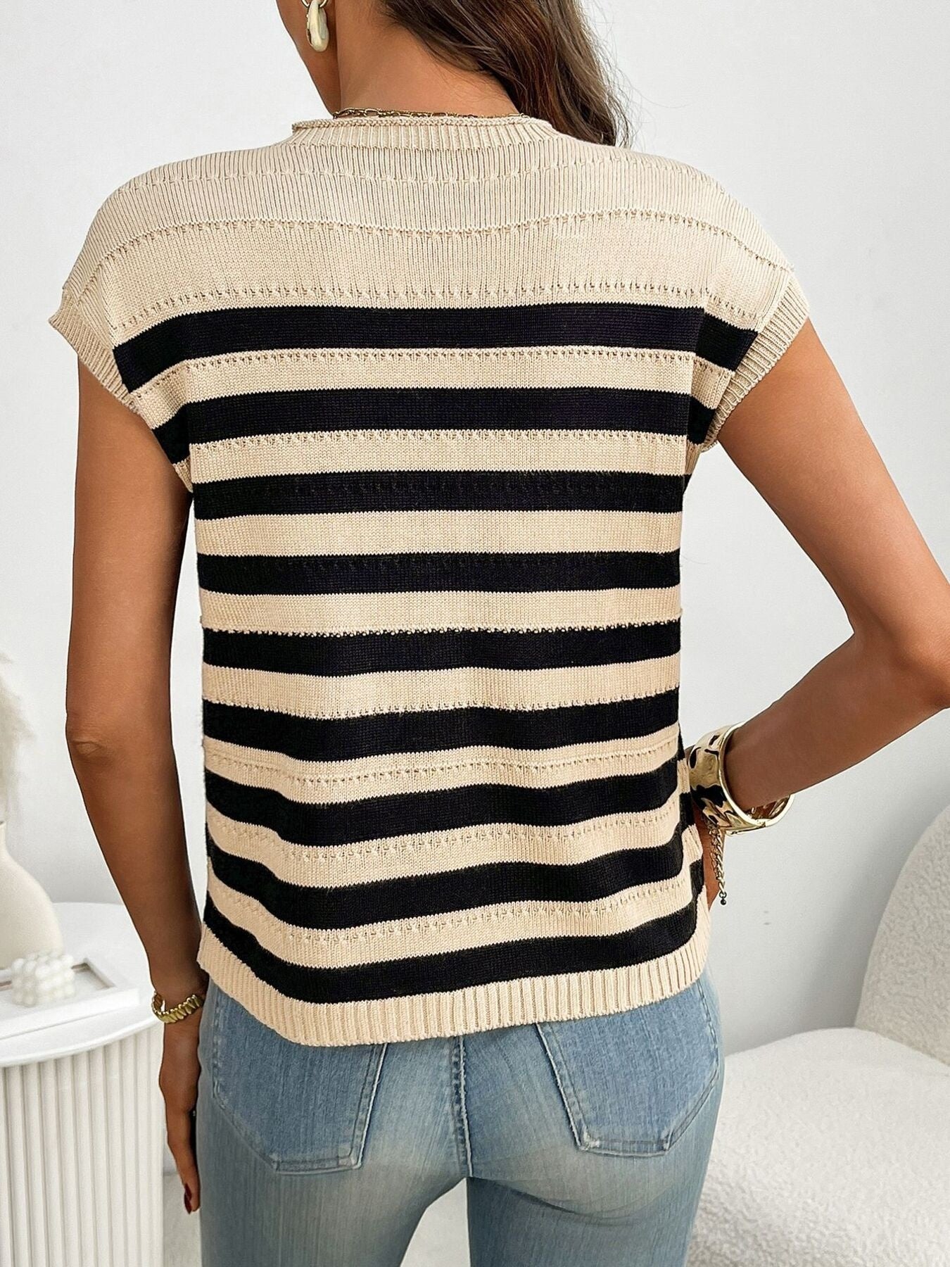 Striped Knit Pocket Detail Cap Sleeve Sweater - Eaira