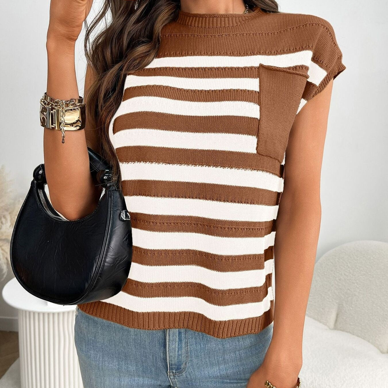 Striped Knit Pocket Detail Cap Sleeve Sweater - Eaira