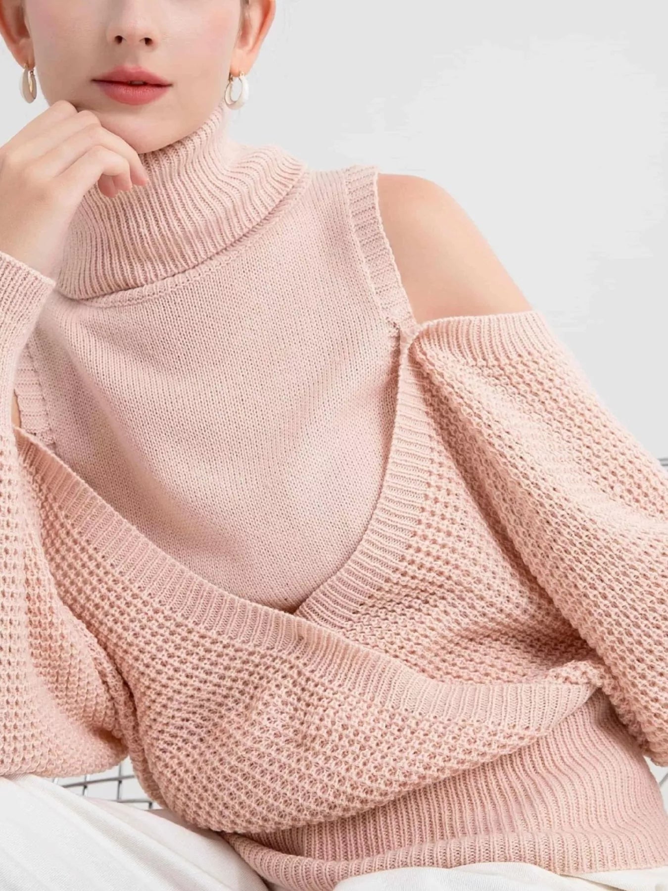 Waffle Knit Cold Shoulder Turtleneck Sweater - Eaira