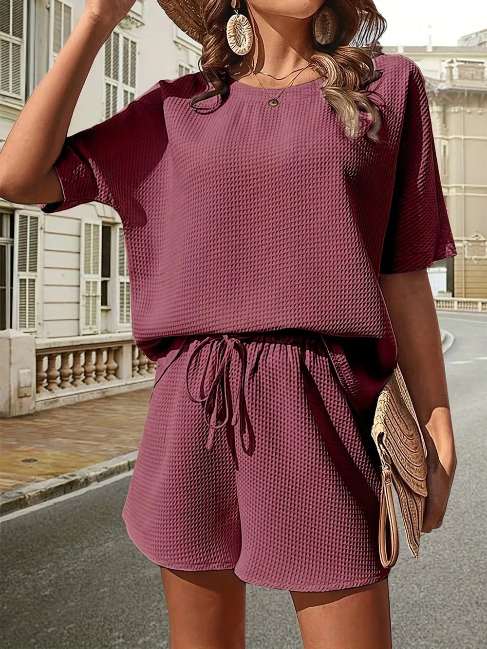 Waffle-Knit Half Sleeve Top and Shorts Set - Eaira