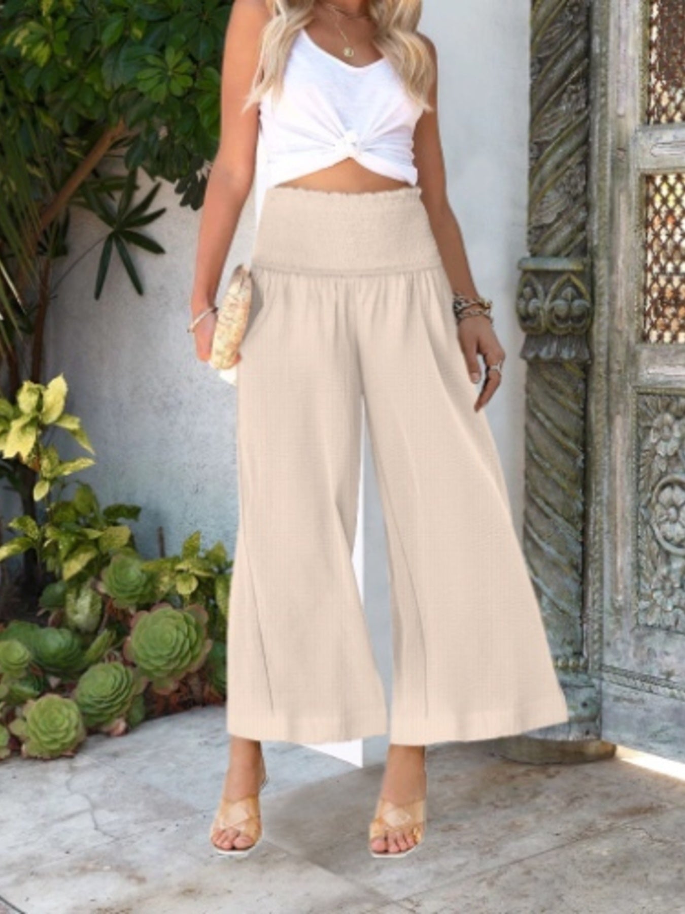 Wide-Leg Smocked Waist Pants - Eaira