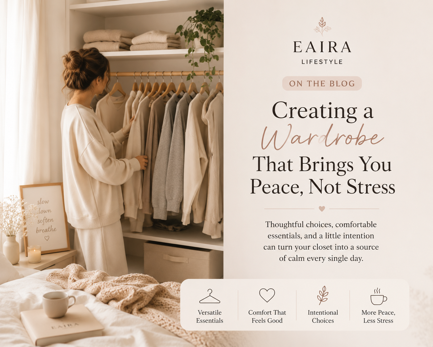 Woman organizing a minimalist wardrobe with neutral clothing essentials, representing intentional fashion, everyday comfort, and stress-free style