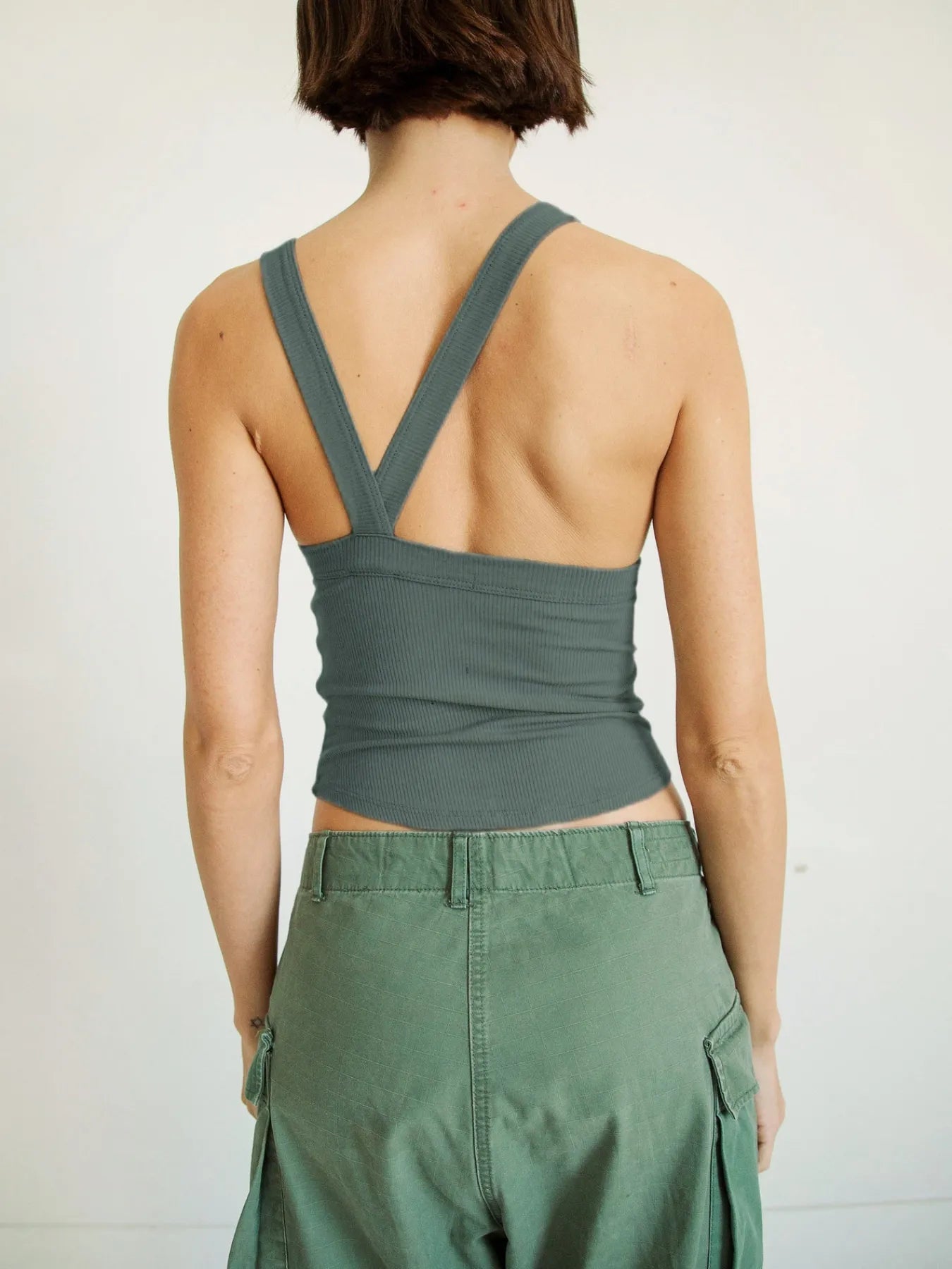 Asymmetrical Back Ribbed Crop Tank Top - Eaira