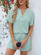 Casual Button Detail Ribbed Top and Shorts Two-Piece Set - Eaira