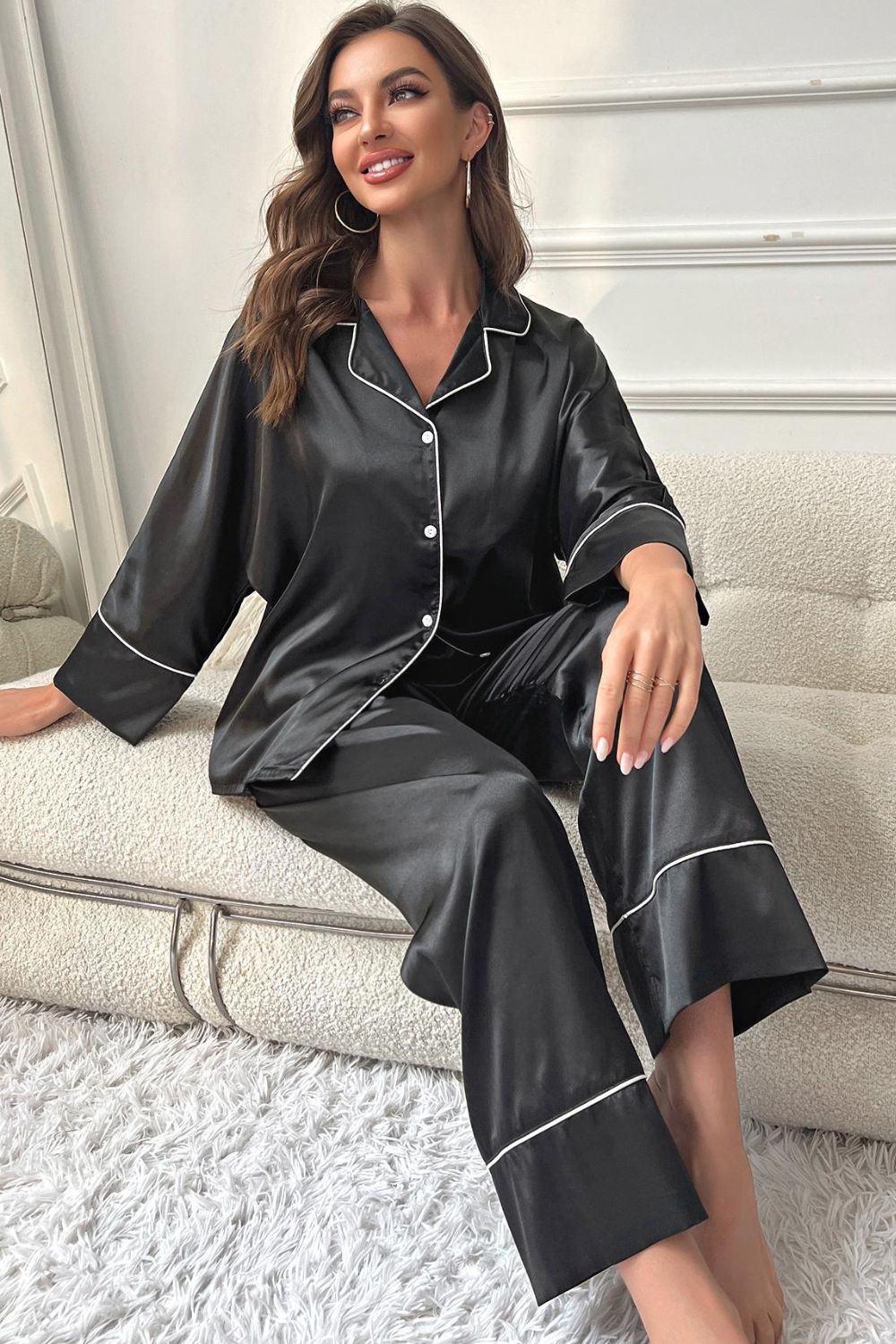 Contrast Piping Button-Up Top and Pants Pajama Set - Eaira