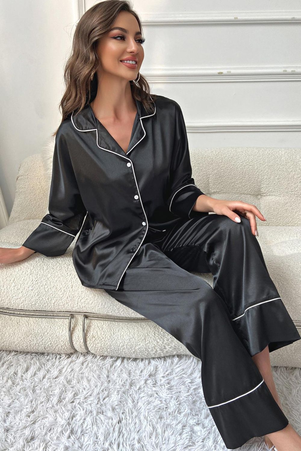Contrast Piping Button-Up Top and Pants Pajama Set - Eaira