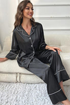Contrast Piping Button-Up Top and Pants Pajama Set - Eaira