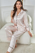 Contrast Piping Button-Up Top and Pants Pajama Set - Eaira