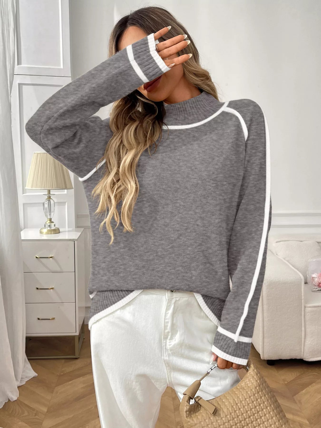 Contrast Trim Turtleneck Long Sleeve Sweater - Eaira