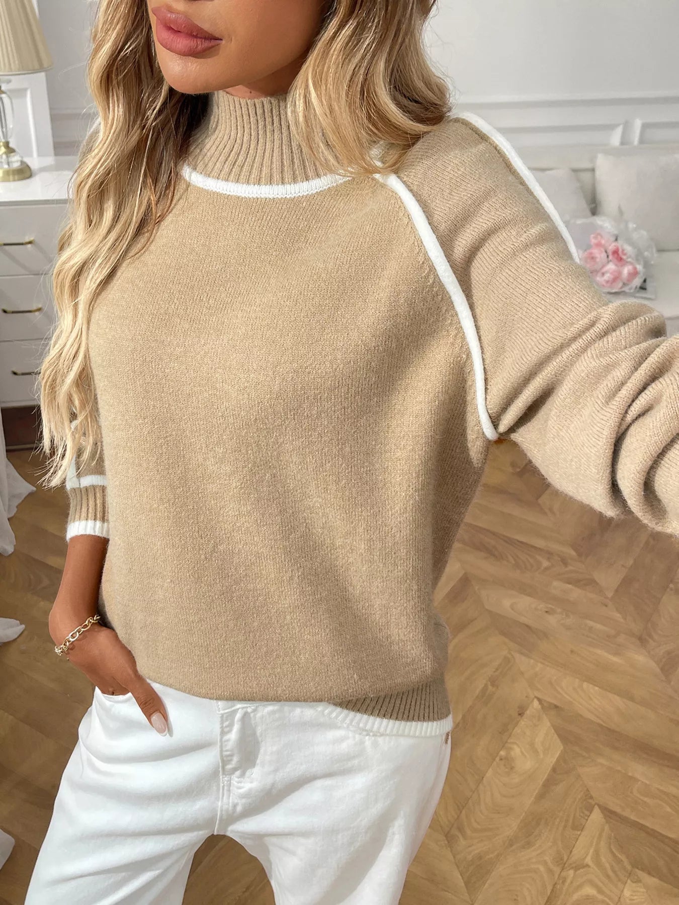Contrast Trim Turtleneck Long Sleeve Sweater - Eaira