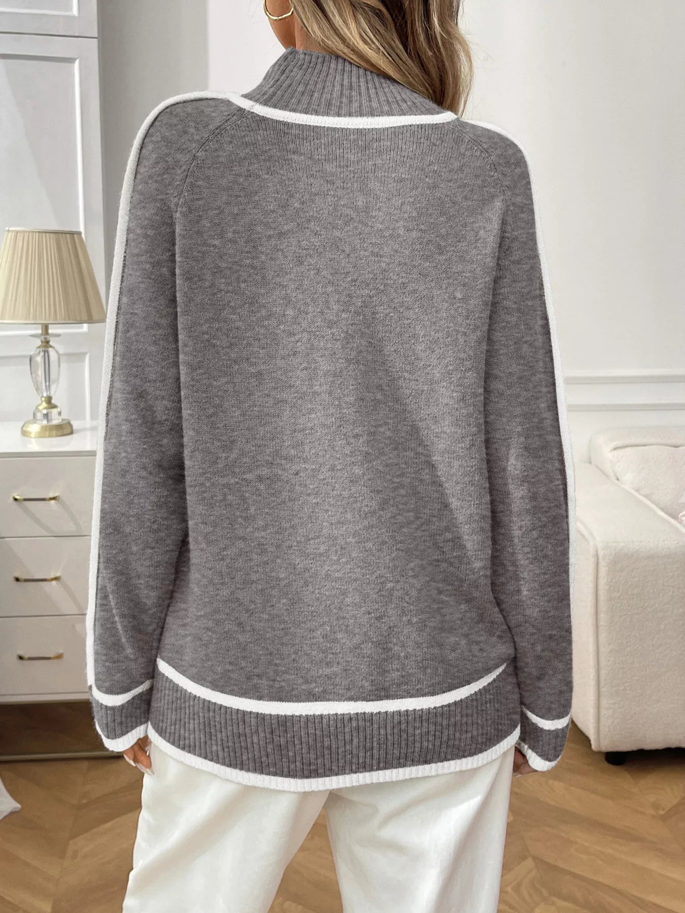 Contrast Trim Turtleneck Long Sleeve Sweater - Eaira