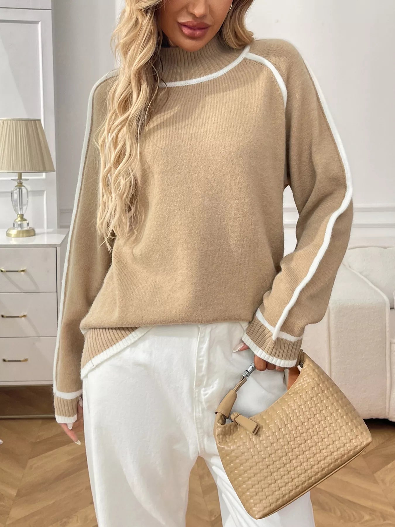 Contrast Trim Turtleneck Long Sleeve Sweater - Eaira