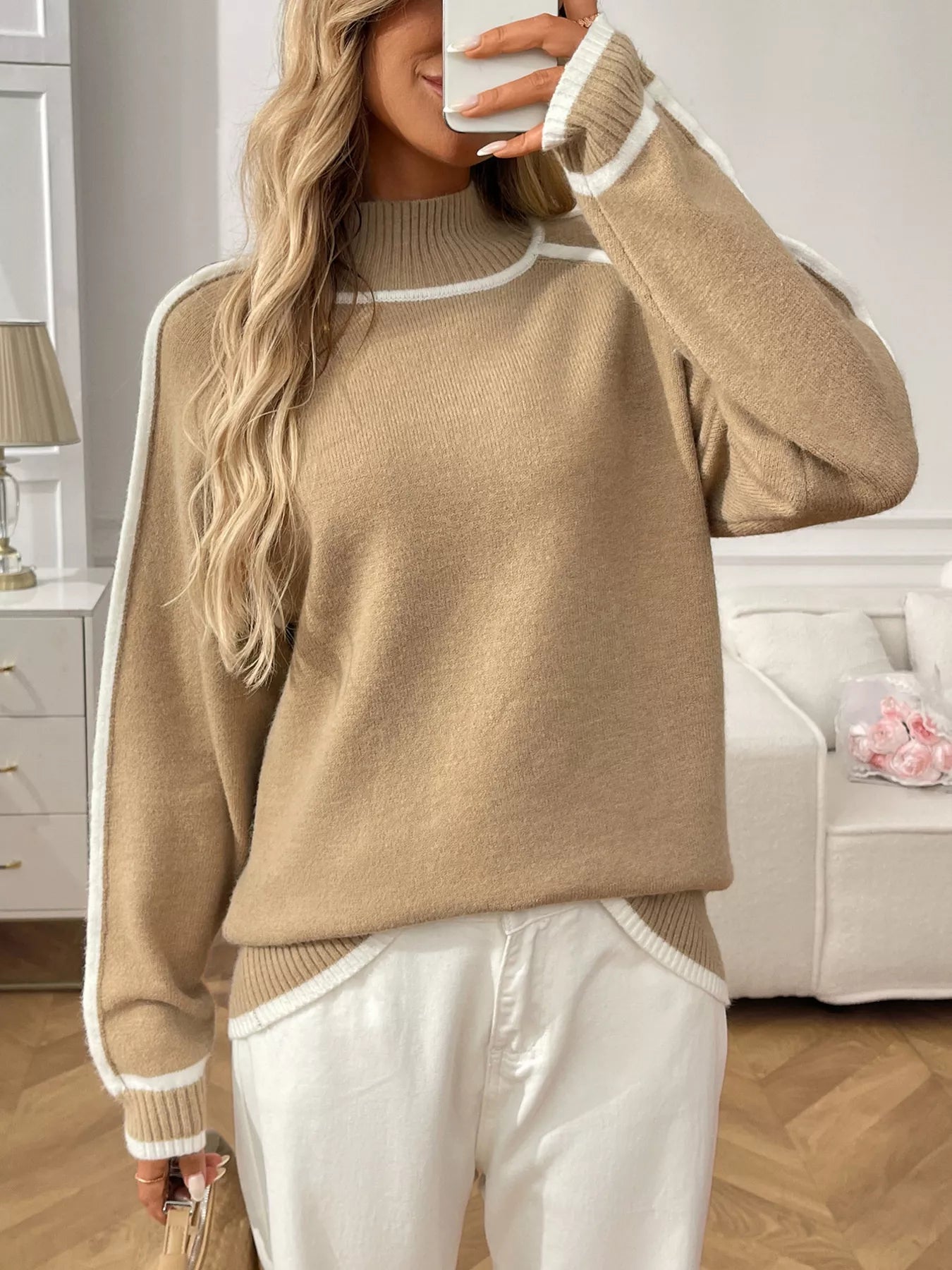 Contrast Trim Turtleneck Long Sleeve Sweater - Eaira