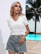 Contrast V-Neck Short Sleeve Knit Top - Eaira