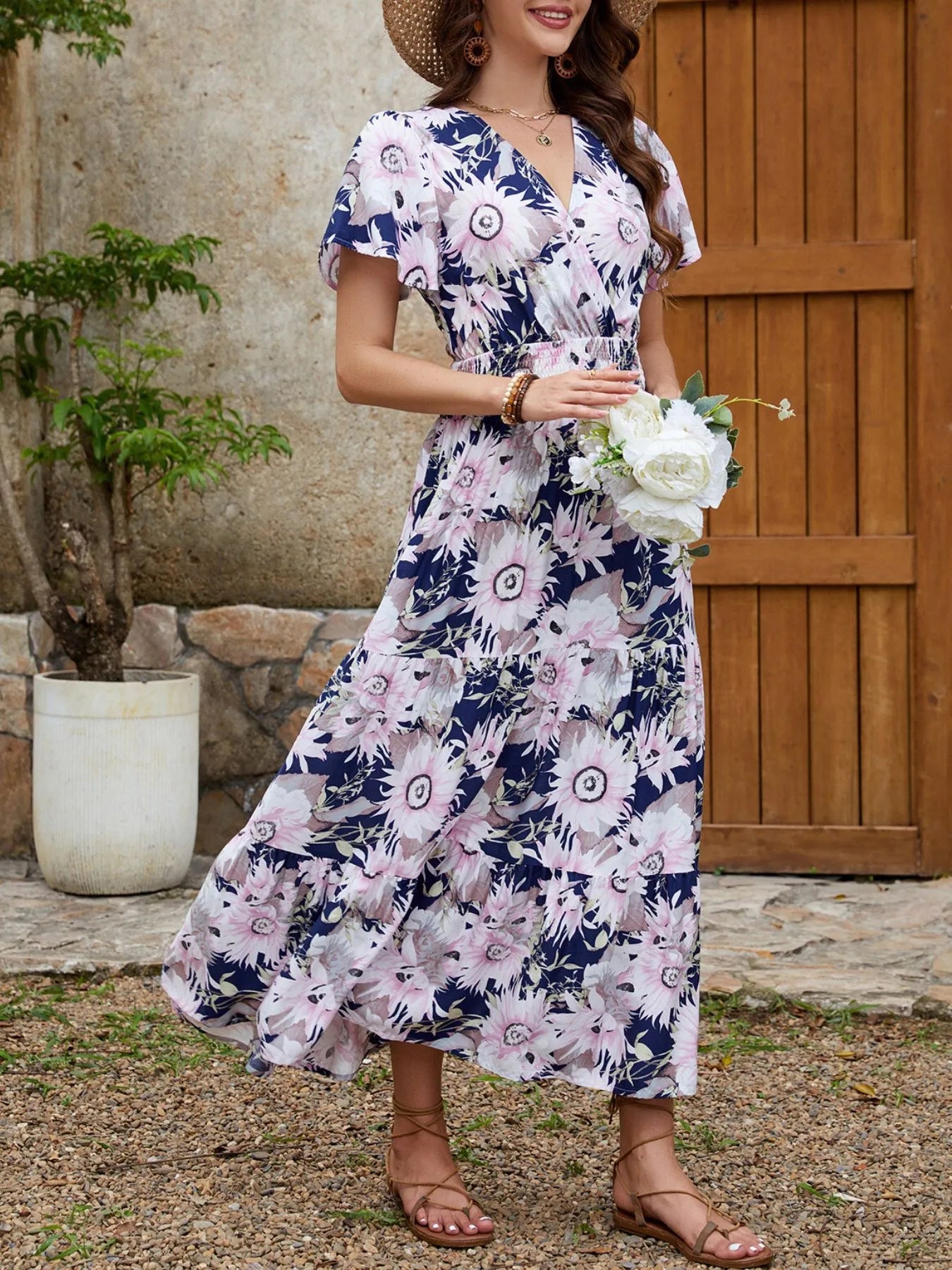 Floral Print Surplice Midi Dress - Eaira