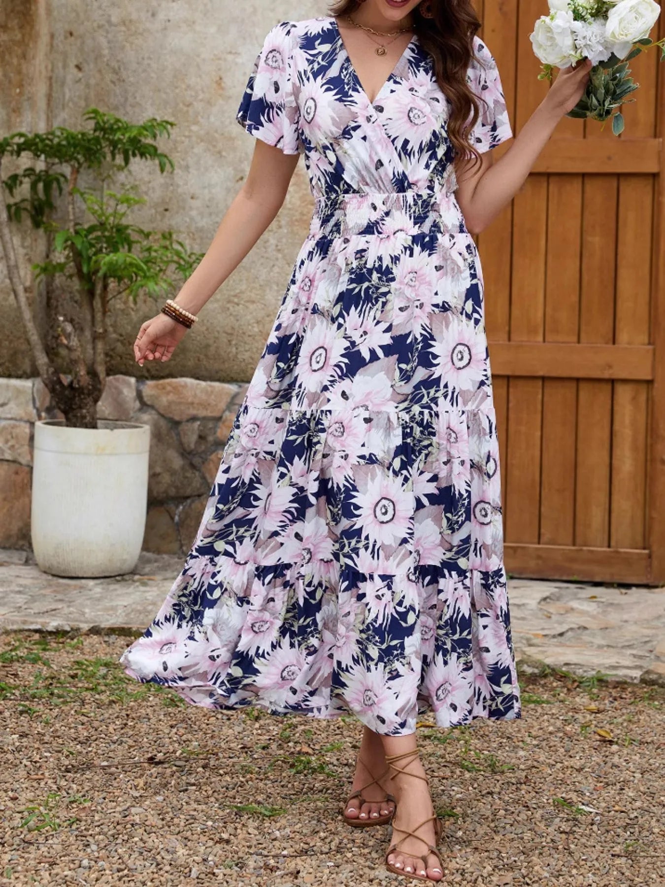 Floral Print Surplice Midi Dress - Eaira