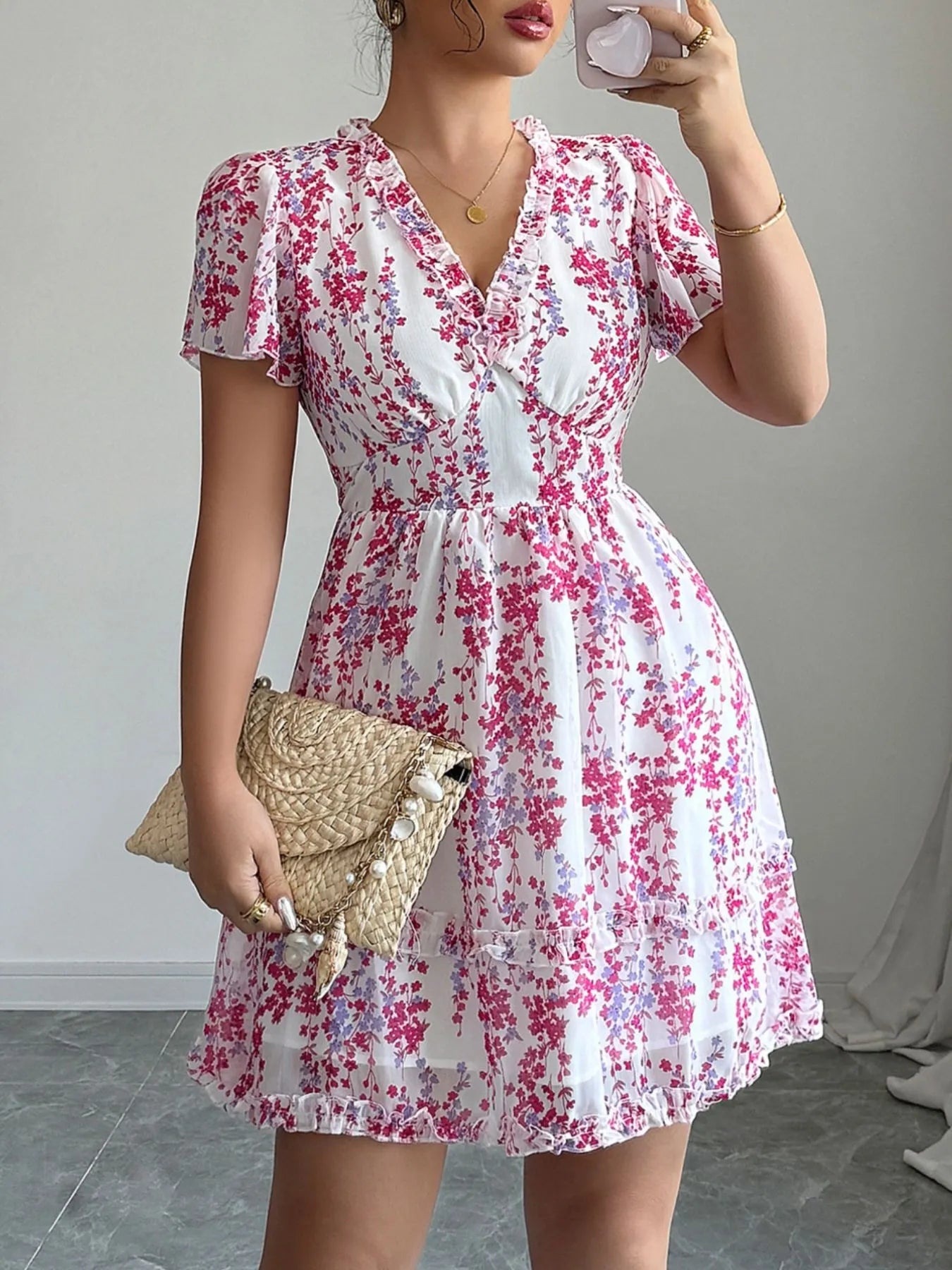 Floral Wrap Dress with Flutter Sleeves - Eaira