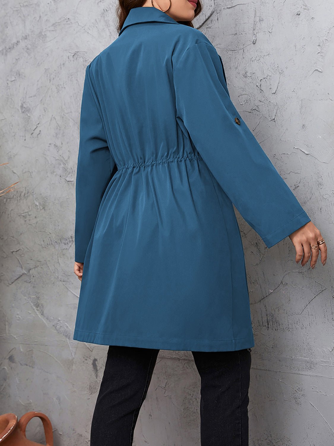 Honey Plus Size Lapel Collar Drawstring Roll-Tab Sleeve Trench Coat - Eaira