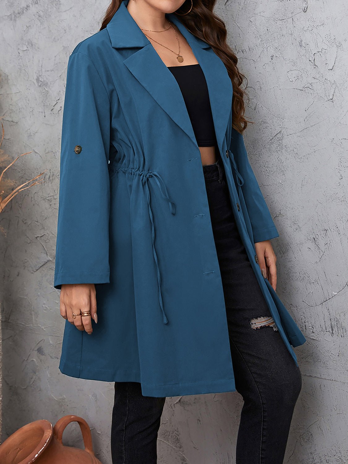 Honey Plus Size Lapel Collar Drawstring Roll-Tab Sleeve Trench Coat - Eaira