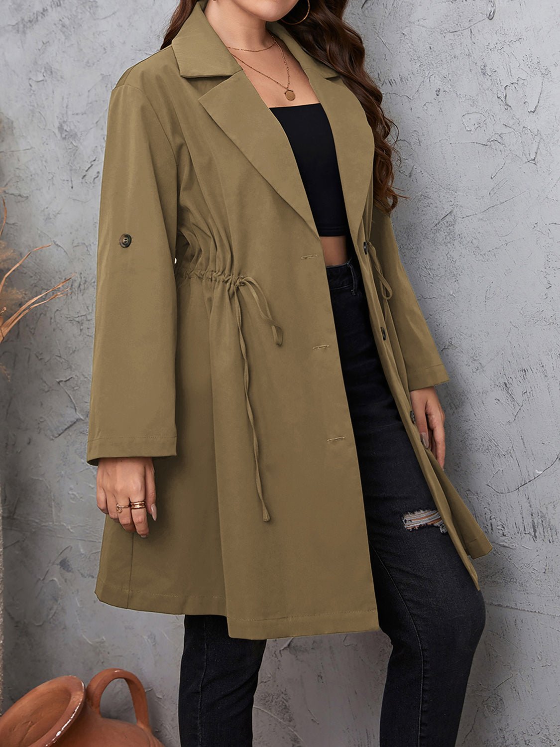 Honey Plus Size Lapel Collar Drawstring Roll-Tab Sleeve Trench Coat - Eaira