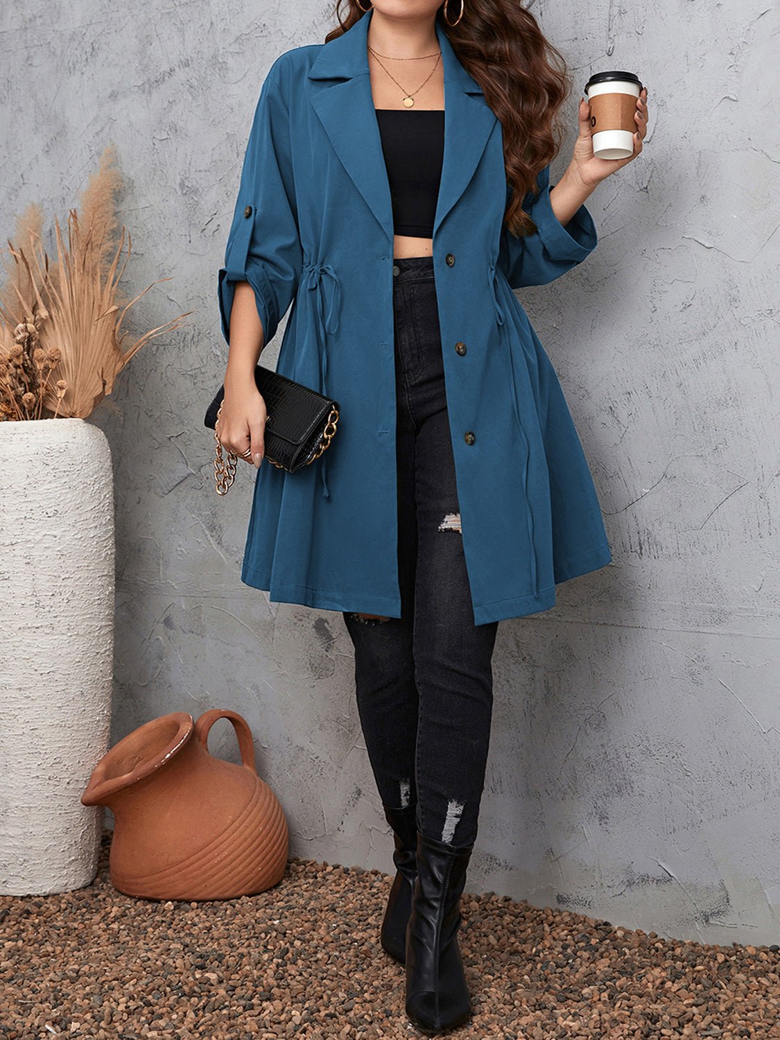 Honey Plus Size Lapel Collar Drawstring Roll-Tab Sleeve Trench Coat - Eaira
