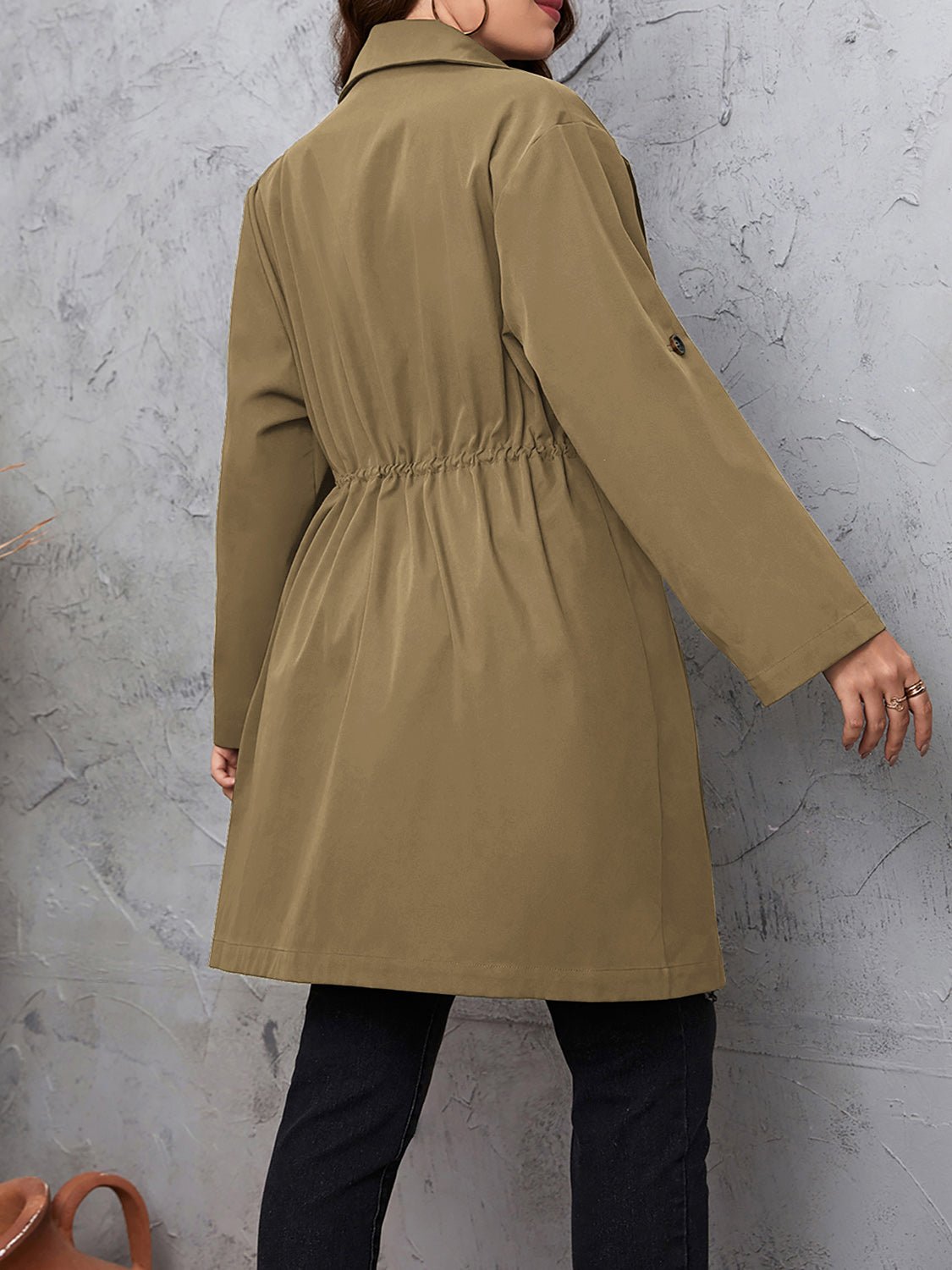 Honey Plus Size Lapel Collar Drawstring Roll-Tab Sleeve Trench Coat - Eaira