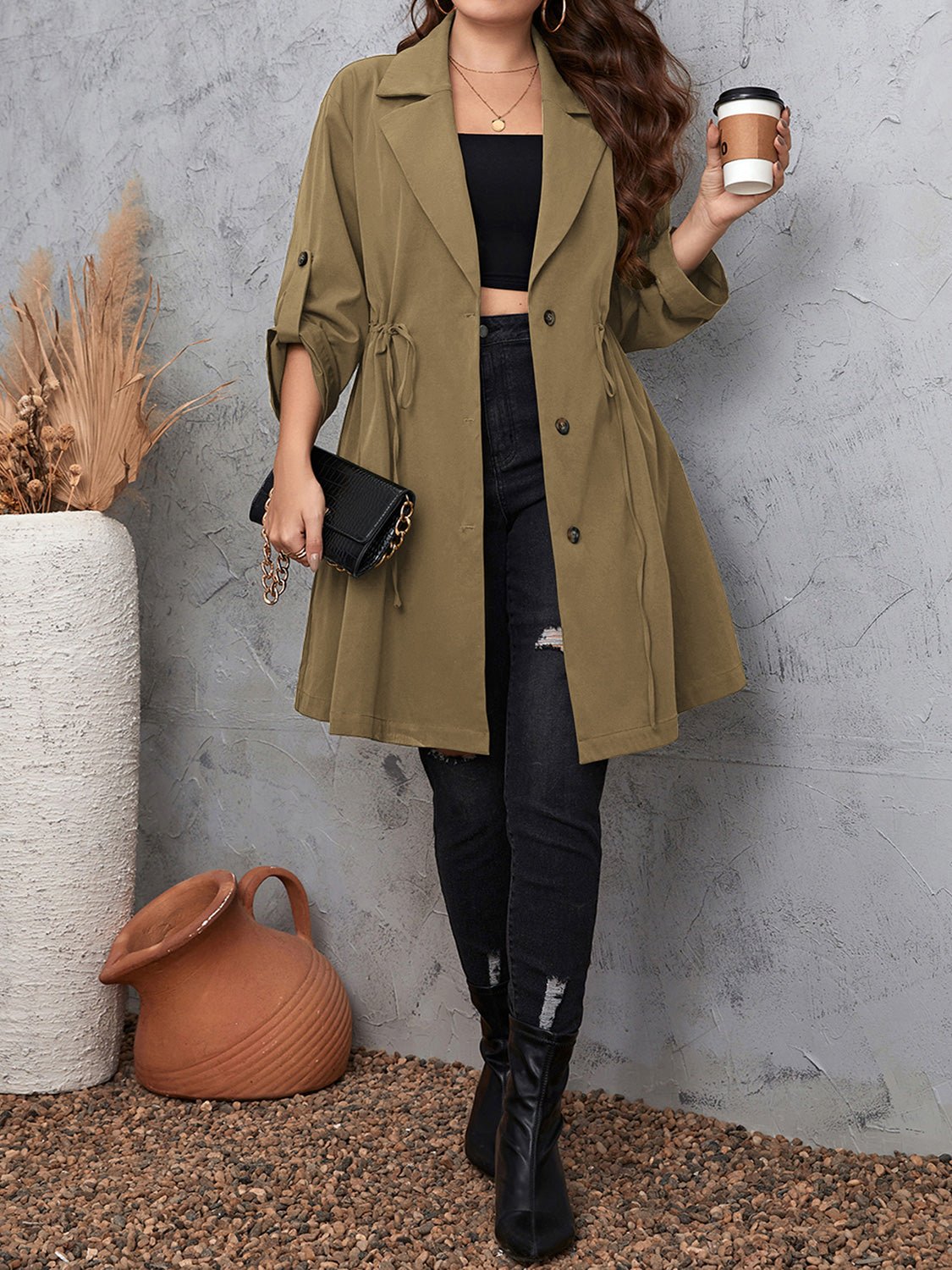 Honey Plus Size Lapel Collar Drawstring Roll-Tab Sleeve Trench Coat - Eaira