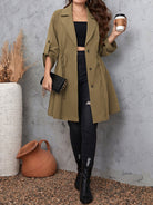 Honey Plus Size Lapel Collar Drawstring Roll-Tab Sleeve Trench Coat - Eaira
