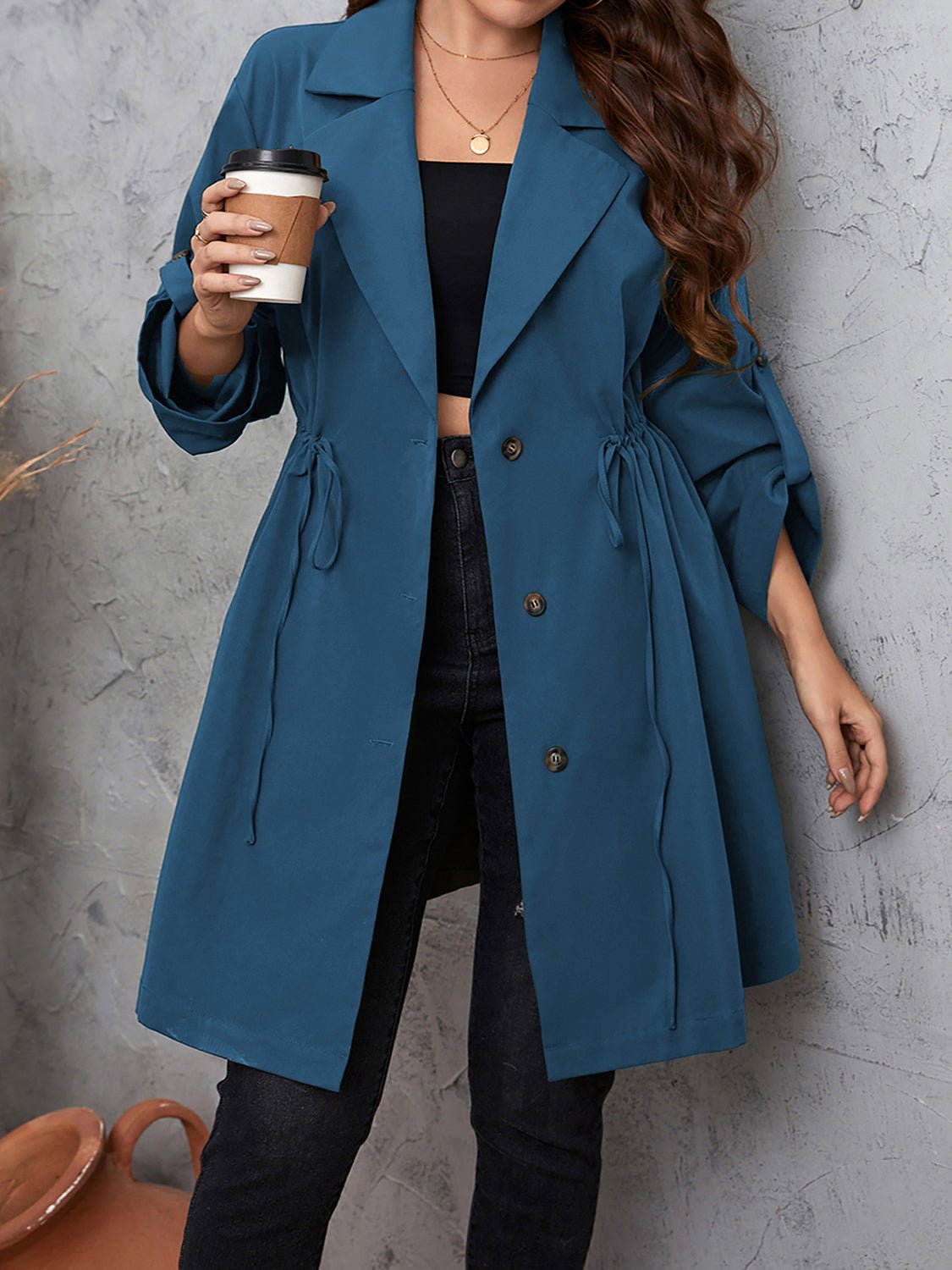 Honey Plus Size Lapel Collar Drawstring Roll-Tab Sleeve Trench Coat - Eaira