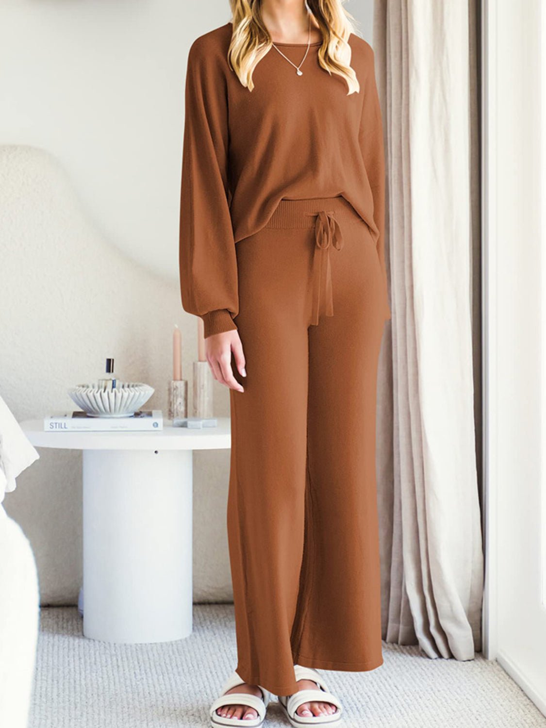 Long Sleeve Lounge Top and Drawstring Pants Set - Eaira