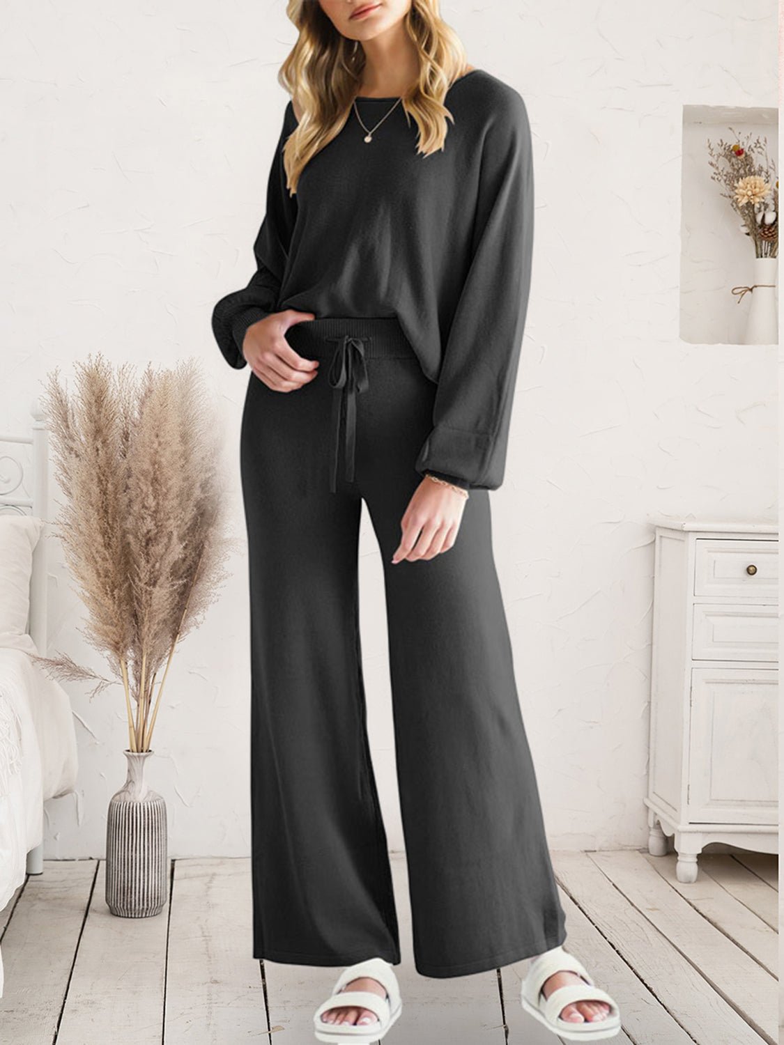 Long Sleeve Lounge Top and Drawstring Pants Set - Eaira