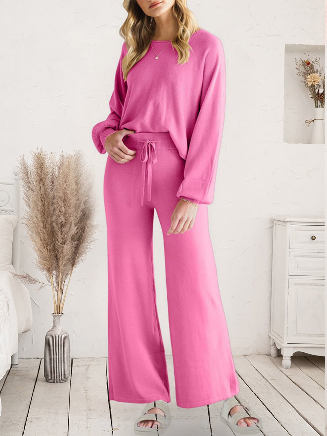 Long Sleeve Lounge Top and Drawstring Pants Set - Eaira