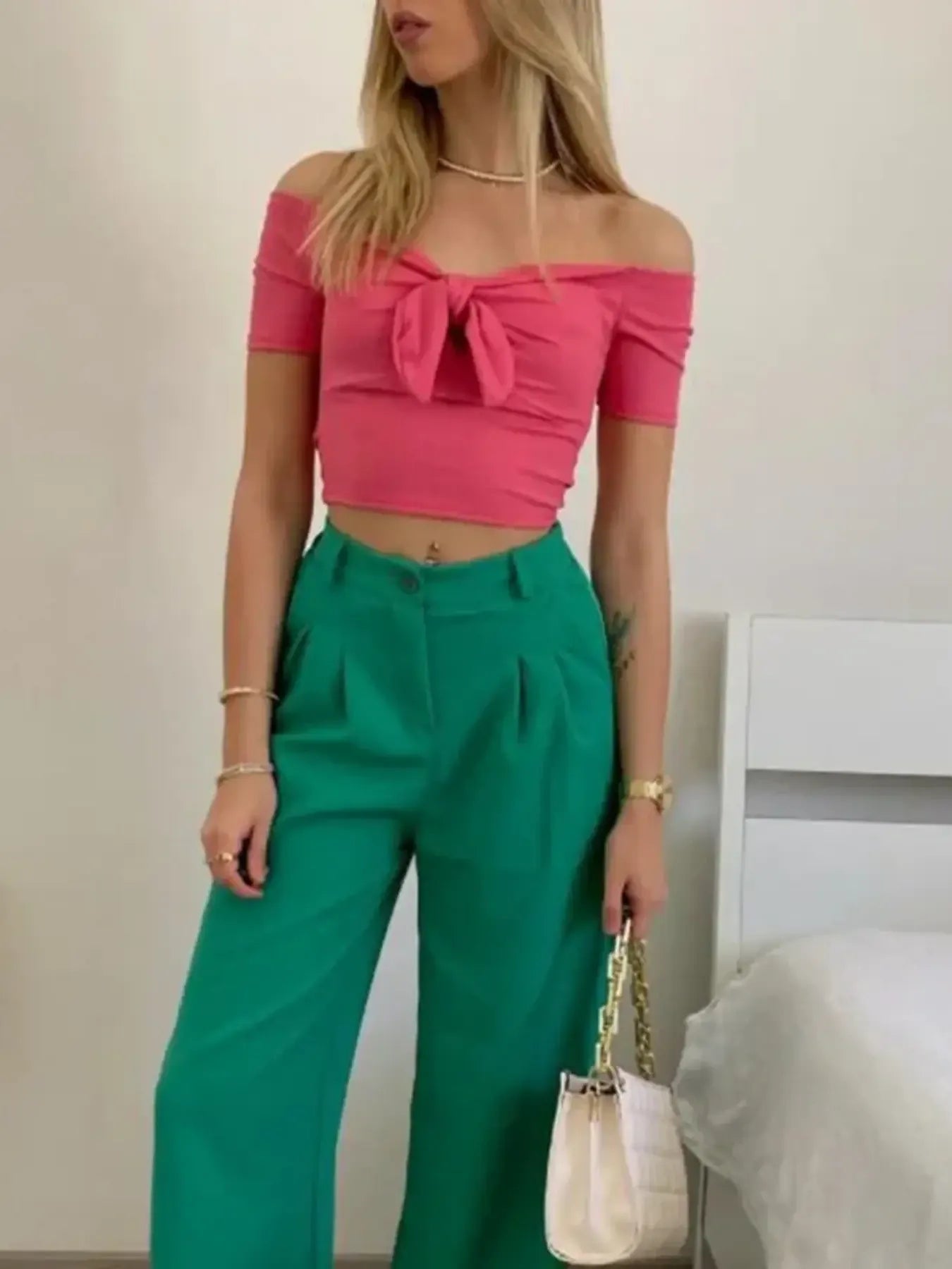 Off-Shoulder Bow-Tie Crop Top - Eaira