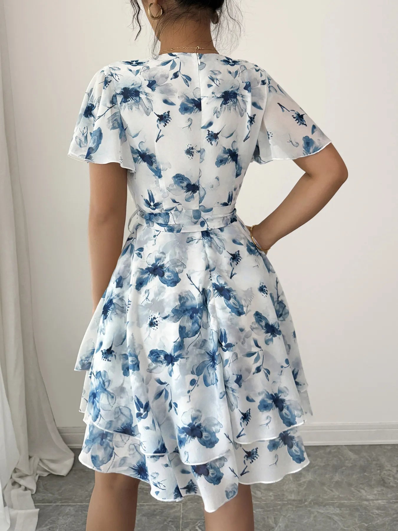 Printed Surplice Layered Mini Dress - Eaira