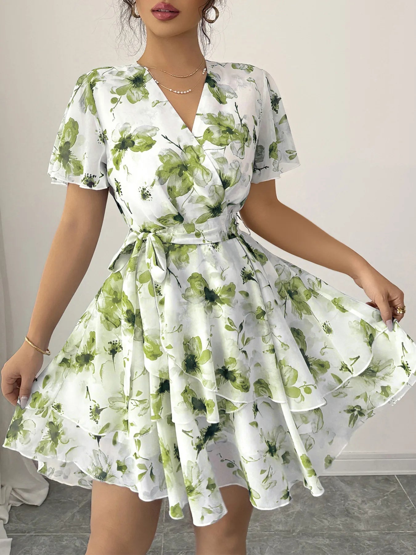 Printed Surplice Layered Mini Dress - Eaira